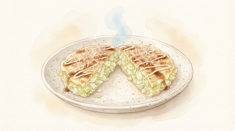 白菜のお好み焼き風の水彩イラスト