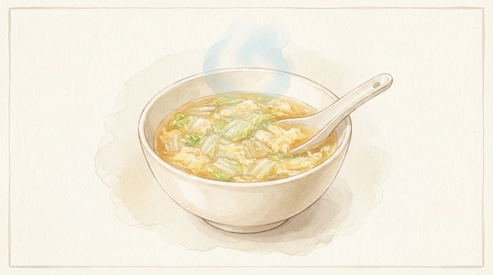 白菜と卵のとろとろスープの水彩イラスト