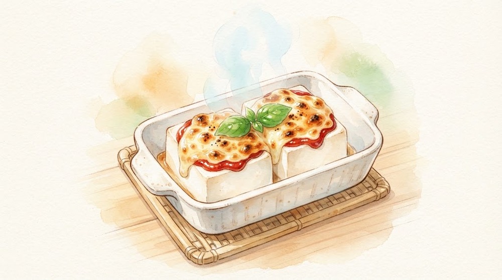 豆腐のチーズ焼きの水彩イラスト
