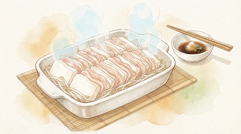 豆腐と豚バラの重ね蒸しの水彩イラスト