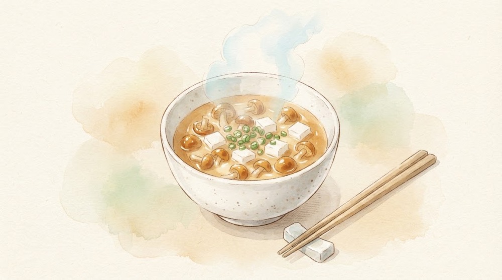 豆腐となめこのとろみ汁の水彩イラスト