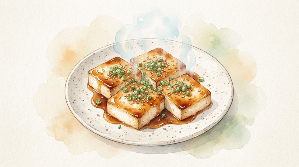 豆腐ステーキ照り焼きの水彩イラスト