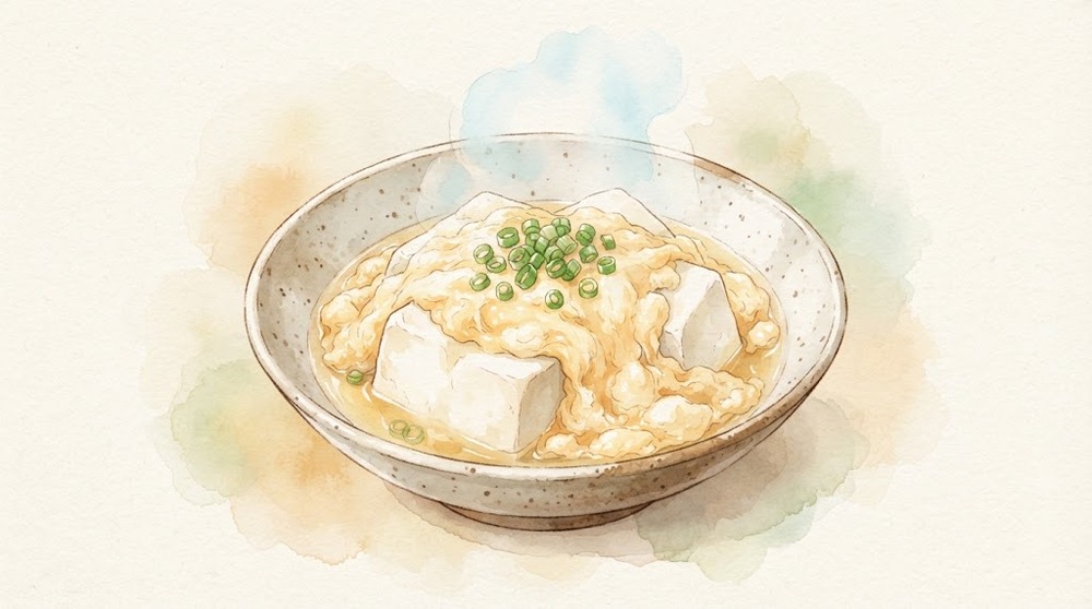 豆腐のとろとろ卵とじの水彩イラスト