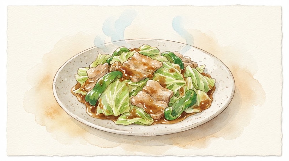 回鍋肉風キャベツ炒めの水彩イラスト