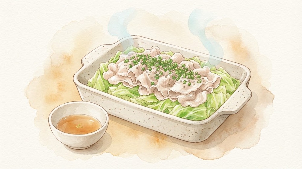 蒸しキャベツの豚しゃぶのせの水彩イラスト
