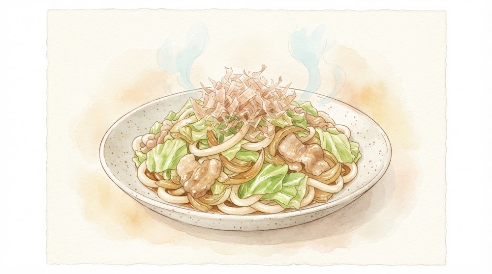 キャベツたっぷり焼きうどんの水彩イラスト