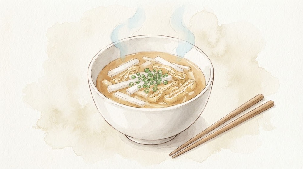 大根と油揚げの味噌汁の水彩イラスト