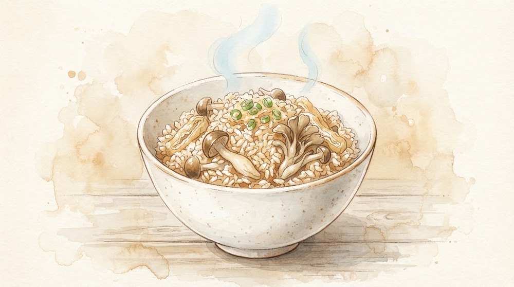 きのこの炊き込みご飯の水彩イラスト