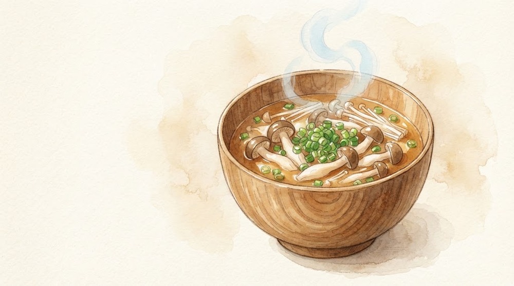 きのこたっぷり味噌汁の水彩イラスト