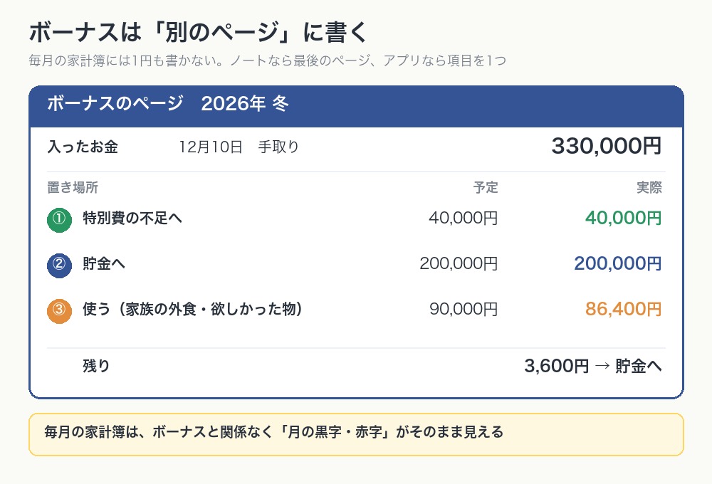 ボーナスのページの記入例。手取り33万円を、特別費の不足・貯金・使うの3つに分けて、予定と実際を書いた表