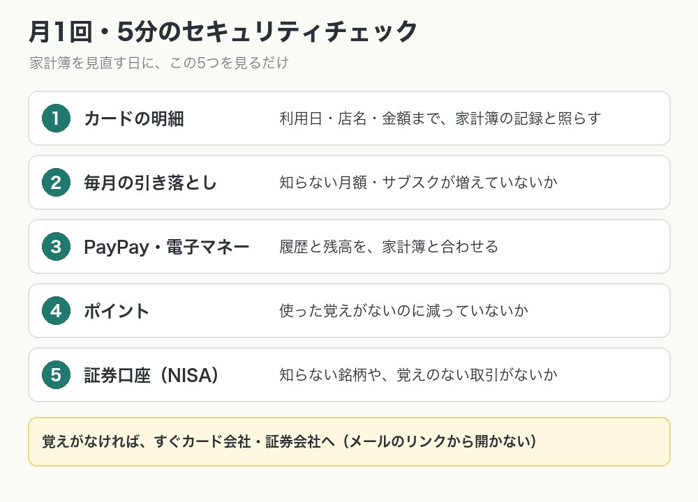 月1回・5分のセキュリティチェック。1カードの明細、2毎月の引き落とし、3PayPay・電子マネー、4ポイント、5証券口座（NISA）